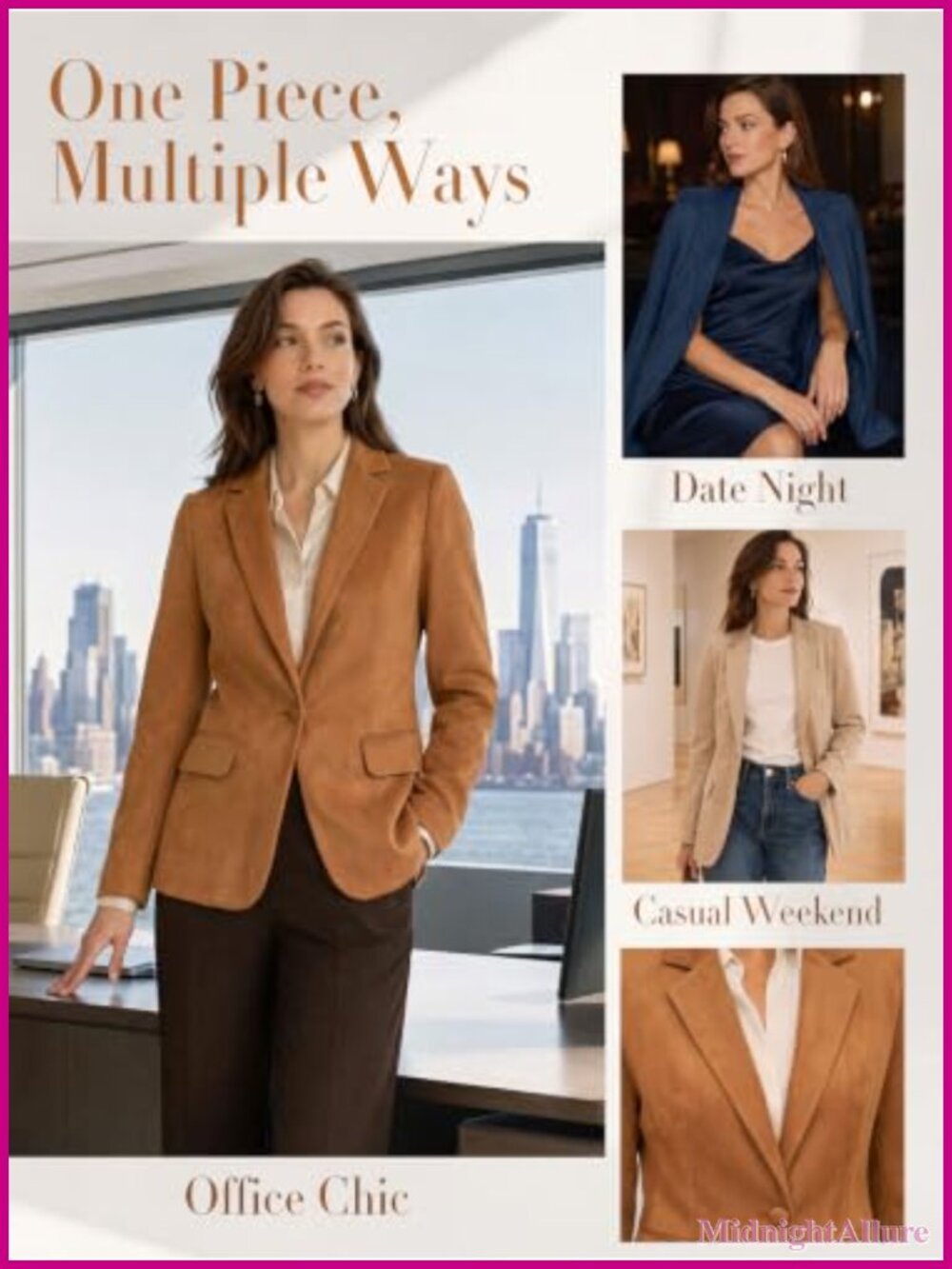 Faux Suede Long Sleeve Blazer Notch Lapel Business Casual Tailored - Picture 4 of 6